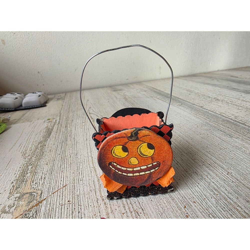 Vintage wooden pumpkin glitter basket ornament container Halloween decor
